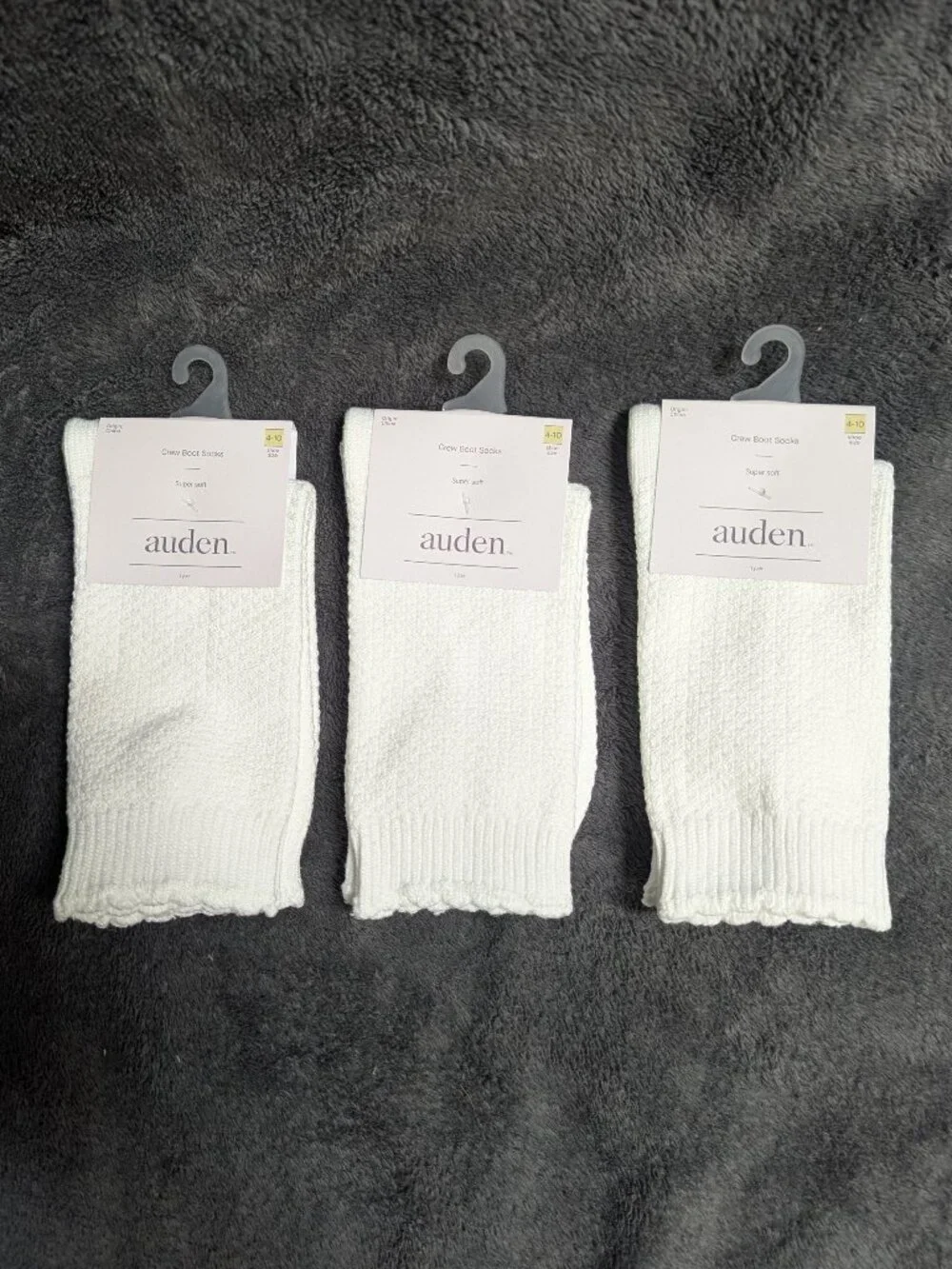 NWT 3 Pair Auden Super Soft Crew Boot Socks Bundle – White Size 4-10